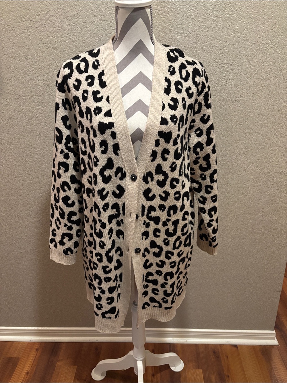 J. Jill Cream and Black Knit Cardigan with Leopard Motif